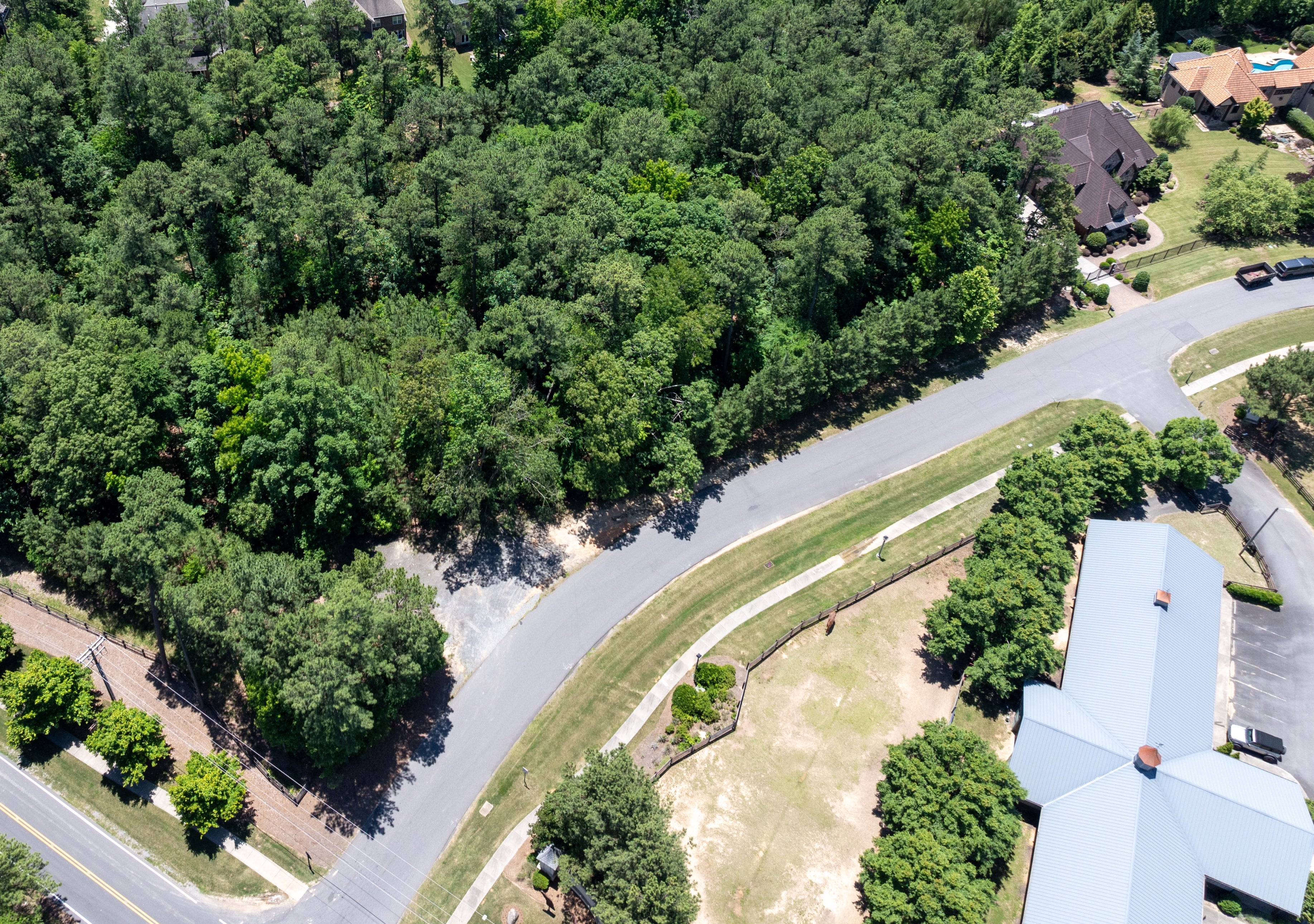 Aerial view of wooded corner lot in residential neighborhood with curved street