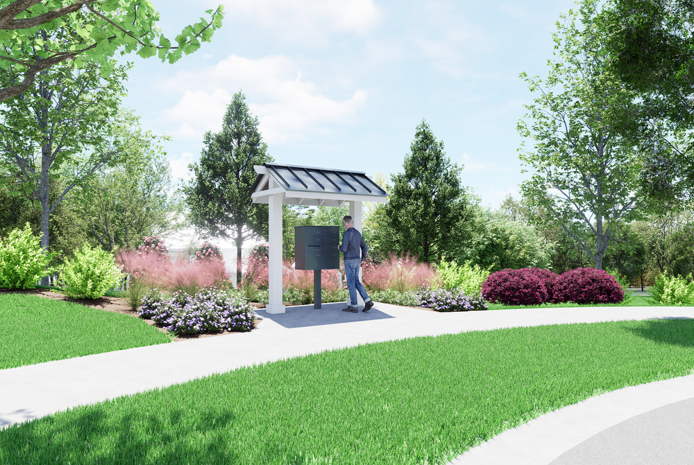 Covered kiosk with metal roof in landscaped community park with walking paths