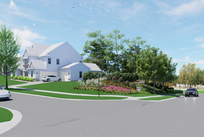 White two-story home with attached garage and landscaped front yard on corner lot