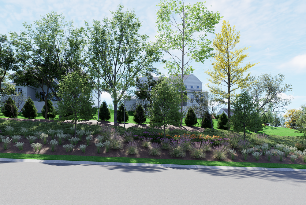 White two-story home on landscaped hillside with mature trees and ornamental grasses