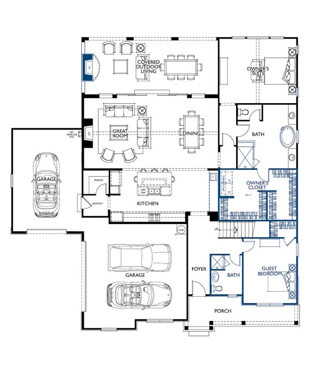 Single-story home floor plan with open living area, three-car garage, and owner's suite