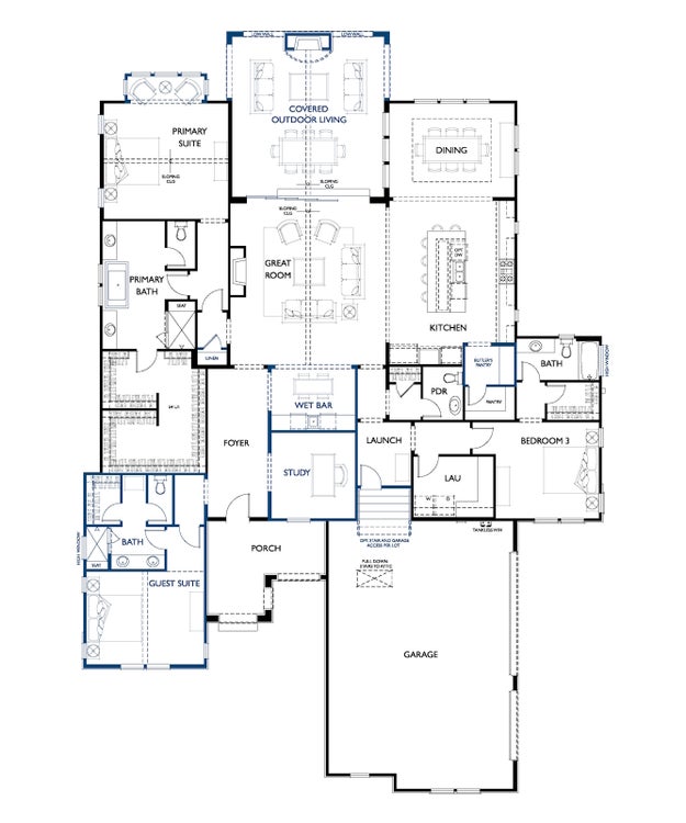 Single-story floor plan with primary suite, great room, kitchen, study, guest suite, and three-car garage.