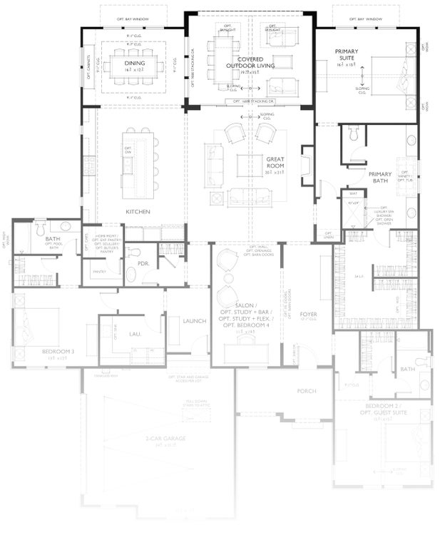 Single-story floor plan with primary suite, great room, covered outdoor living, and three-car garage