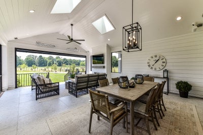 Outdoor Living Sample featuring the Fireplace, Skylights, and Luxury Expanded Custom Options. Montecito Home with 3 Bedrooms