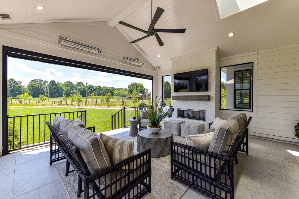 Outdoor Living Sample featuring the Fireplace, Skylights, and Luxury Expanded Custom Options. Montecito Home with 3 Bedrooms