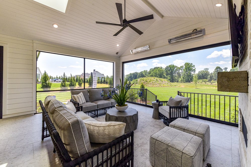 Outdoor Living Sample featuring the Fireplace, Skylights, and Luxury Expanded Custom Options. Montecito Home with 3 Bedrooms