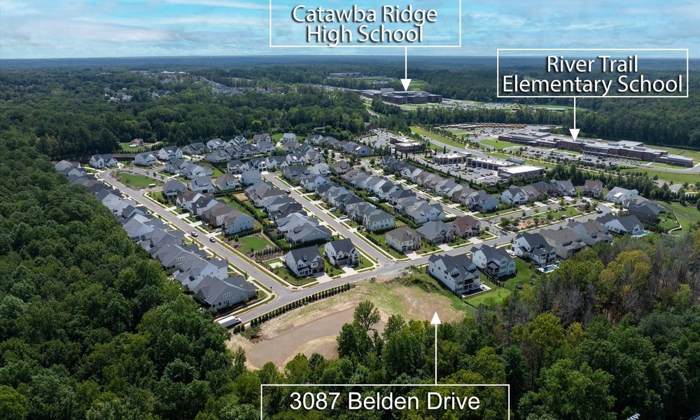 Aerial view of residential neighborhood with homes near Catawba Ridge High School and River Trail Elementary School