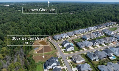 Aerial view of residential neighborhood in Uptown Charlotte with vacant lot highlighted