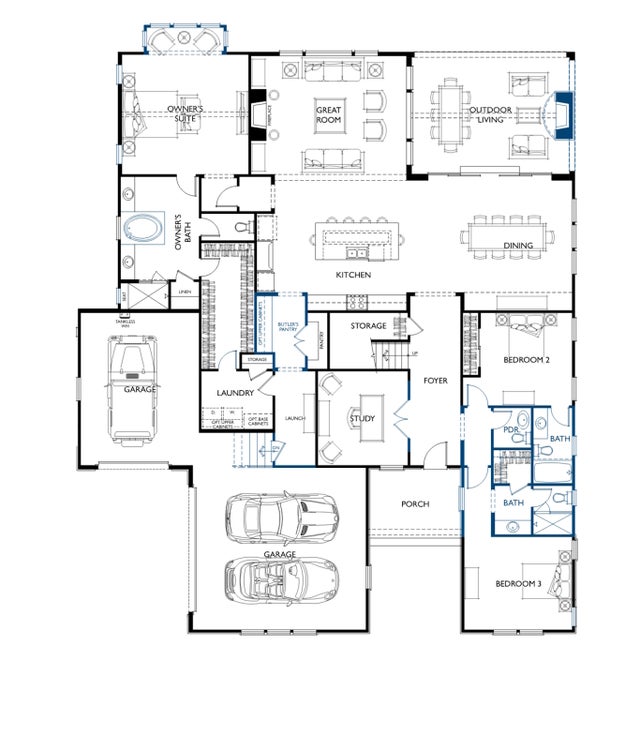 Single-story home floor plan with three bedrooms, open kitchen, and three-car garage