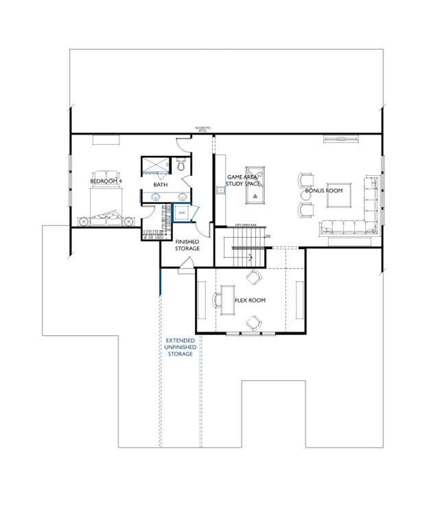 Upper level floor plan with bedroom, bonus room, flex room, and bathroom