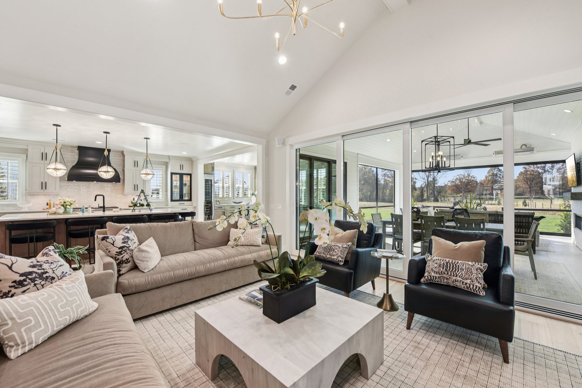 Open-concept living room with vaulted ceiling, modern furniture, and glass doors to covered patio