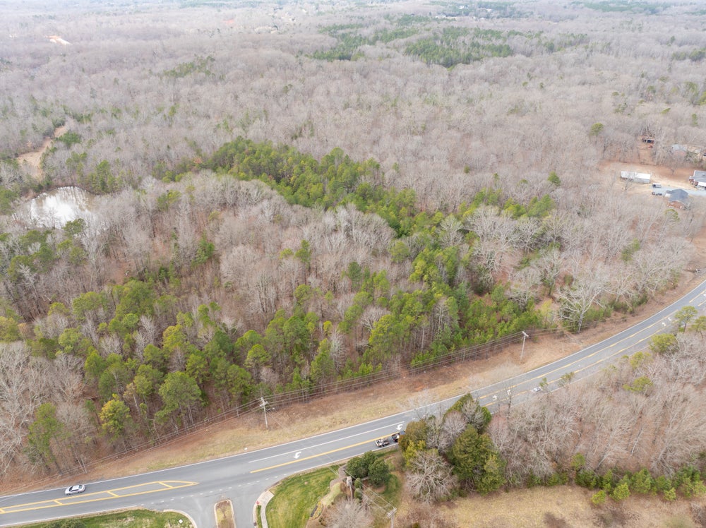 Aerial view of wooded land parcel along rural road with mixed evergreen and deciduous trees