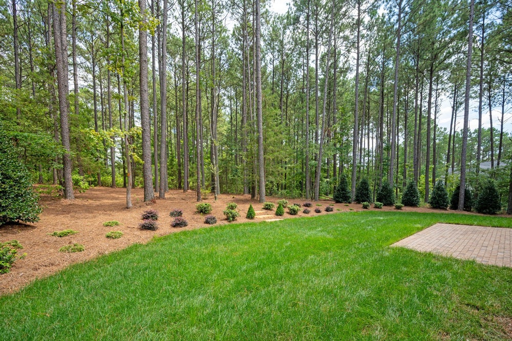 Wooded backyard with green lawn, mulched landscaping beds, and paver patio