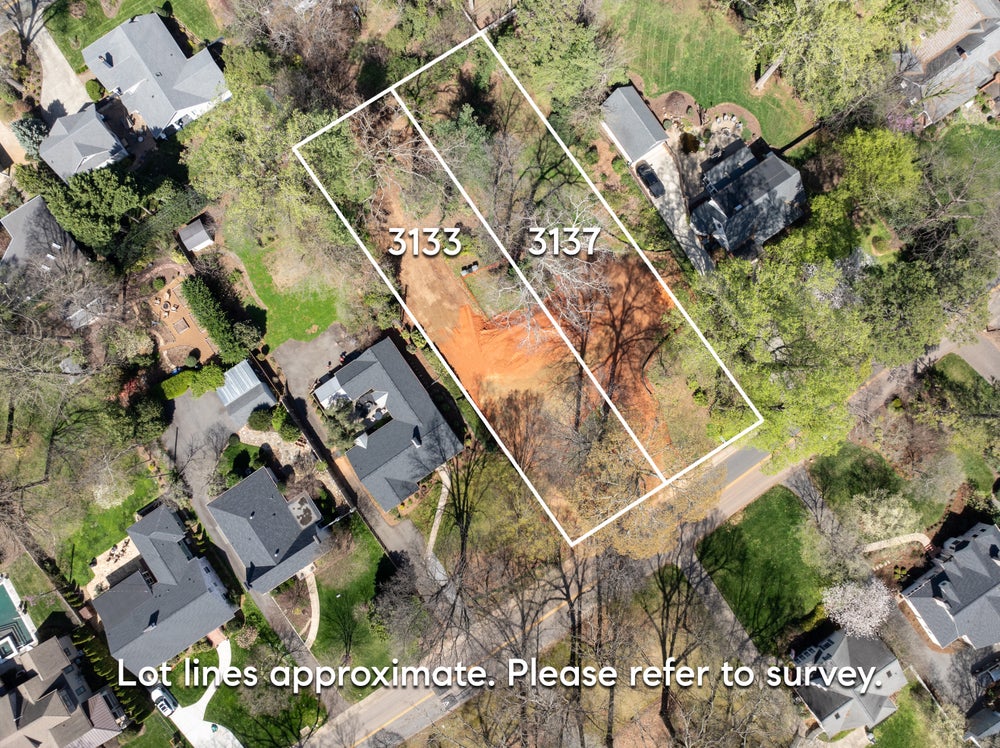 Aerial view of two adjacent vacant residential lots marked 3133 and 3137 with property boundaries outlined