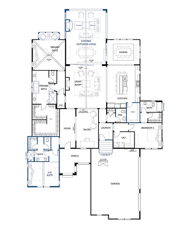 Single-story floor plan with primary suite, great room, kitchen, dining, covered outdoor living, and three-car garage