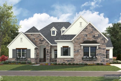Single-story home rendering with stone and stucco exterior, gray shutters, dormer windows, and arched entry