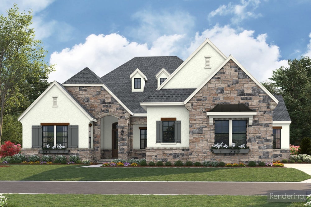 Single-story home rendering with stone and stucco exterior, gray shutters, dormer windows, and arched entry