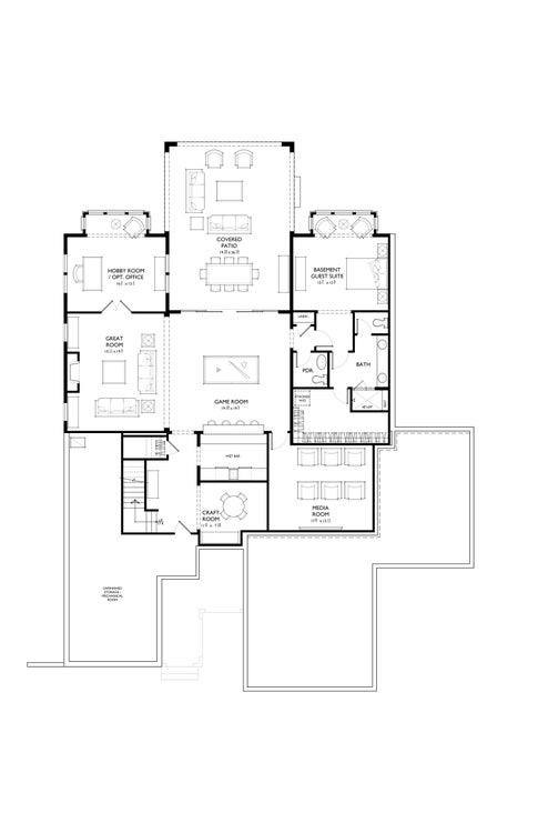 Basement floor plan with game room, media room, guest suite, craft room, hobby office, and covered patio.