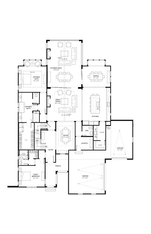 Single-story floor plan with owner's suite, great room, kitchen, dining, guest bedroom, and two-car garage.