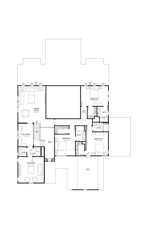 Second floor plan showing three bedrooms, two bathrooms, bonus room, tech space, and flex room with furniture layout.