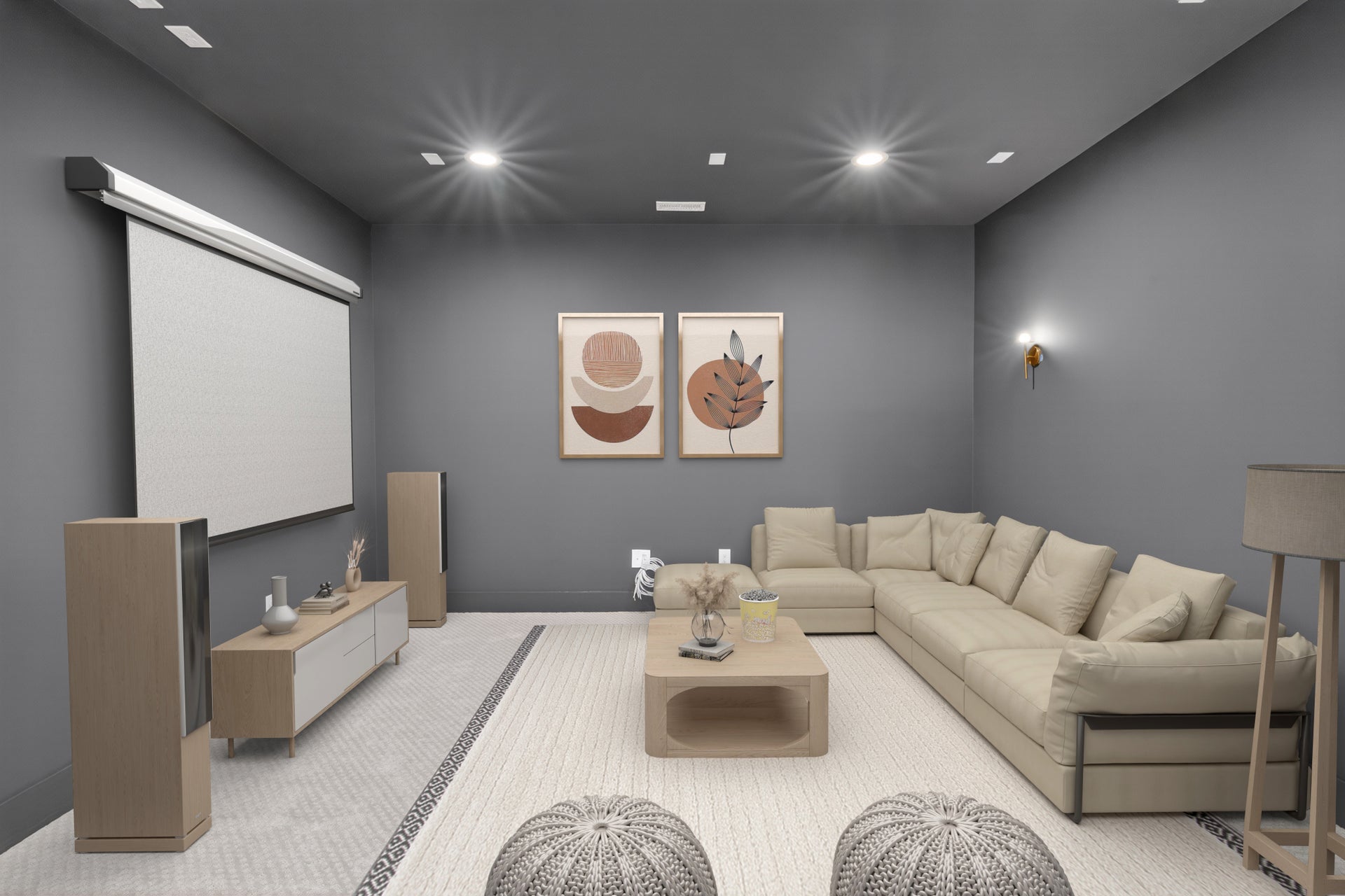 Home theater room with projection screen, sectional sofa, and gray walls with recessed lighting