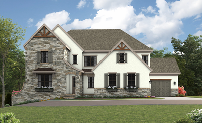 Two-story home with stone and white stucco exterior, wood accents, shutters, and an attached garage.