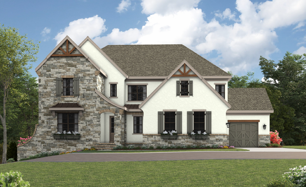 Two-story home with stone and white stucco exterior, wood accents, shutters, and an attached garage.