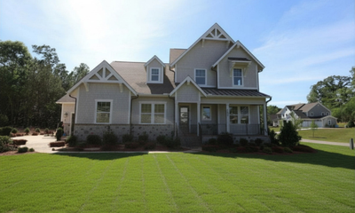 Two-story craftsman home with gray siding, stone foundation, covered porch, and large front lawn