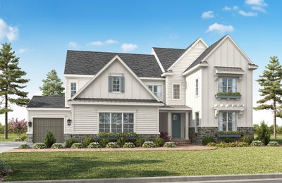 Two-story farmhouse-style home with white siding, stone accents, and an attached single-car garage