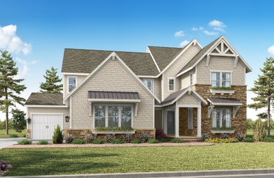 Two-story craftsman home with shingle siding, stone accents, covered entry, and attached single-car garage