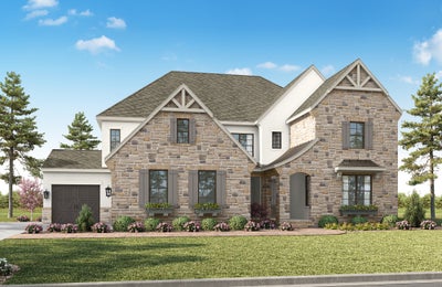 Two-story home with stone and stucco exterior, decorative gables, single-car garage, and landscaped front yard