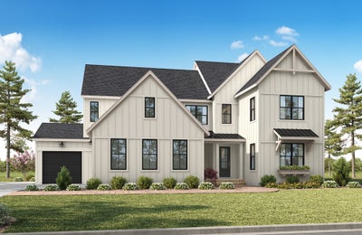 Two-story modern farmhouse with white board-and-batten siding, black windows, and attached single-car garage