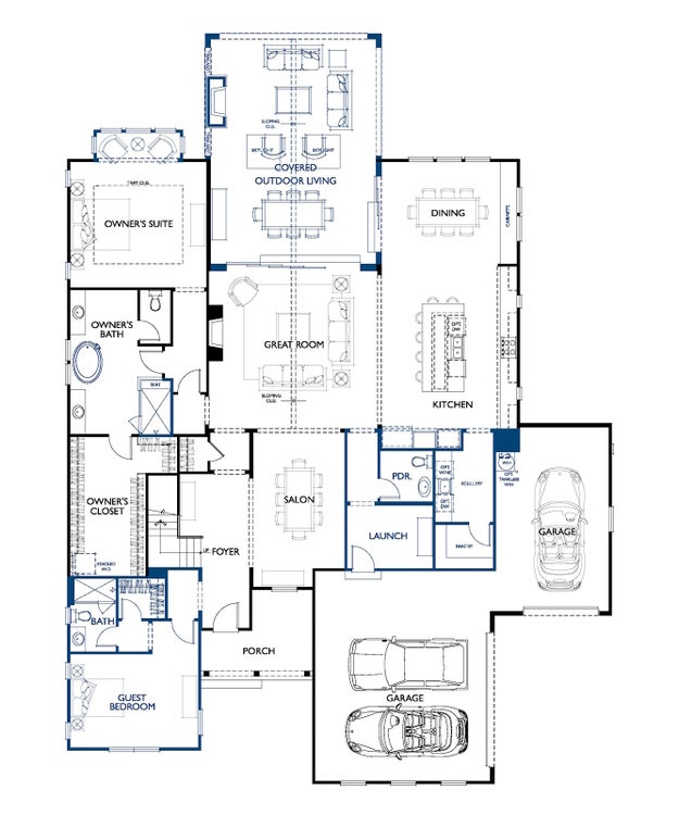 Single-story home floor plan with owner's suite, great room, kitchen, dining, covered outdoor living, guest bedroom, and two-car garage.