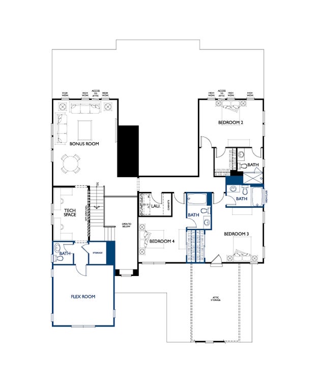 Second floor plan showing bonus room, flex room, tech space, three bedrooms, three bathrooms, and laundry room.