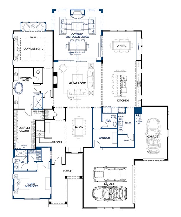 Single-story floor plan with owner's suite, great room, kitchen, guest bedroom, salon, and two-car garage.