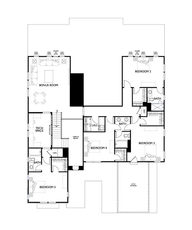 Second floor plan with four bedrooms, bonus room, tech space, two bathrooms, laundry, and attic storage.