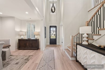 Bright two-story foyer with hardwood floors, staircase with iron balusters, and black front door