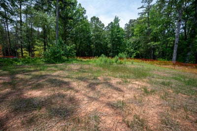 Vacant wooded lot with cleared dirt ground, sparse grass, and orange construction fencing along tree line