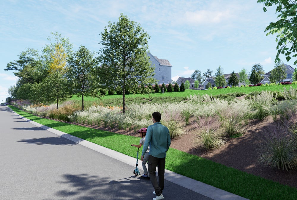 Neighborhood street rendering with adult and child on scooter walking past landscaped green space and homes