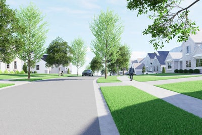 Residential street rendering with tree-lined sidewalks, green lawns, and suburban homes on both sides