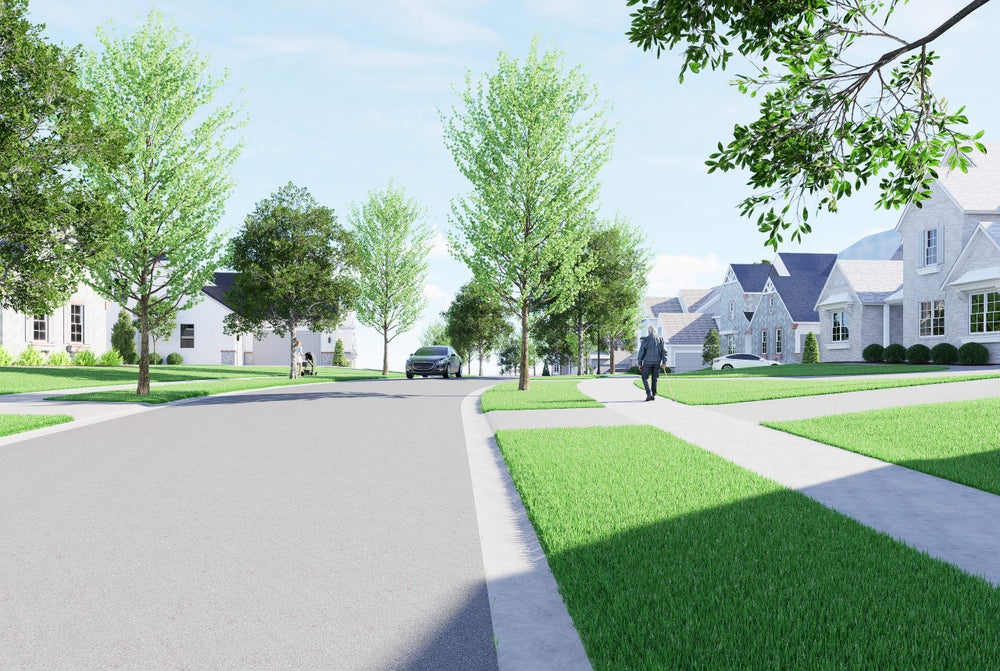 Residential street rendering with tree-lined sidewalks, green lawns, and suburban homes on both sides