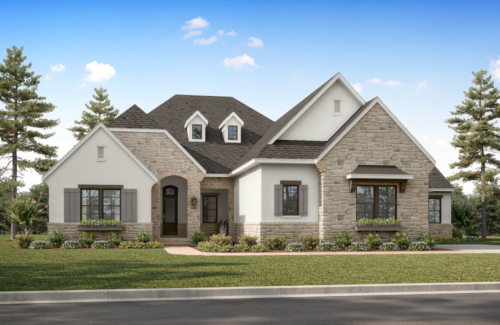 Single-story home with stone and stucco exterior, arched entry, dark shutters, and dormer windows above roofline