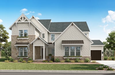 Two-story craftsman home with stone and shingle exterior, covered porch, and attached garage