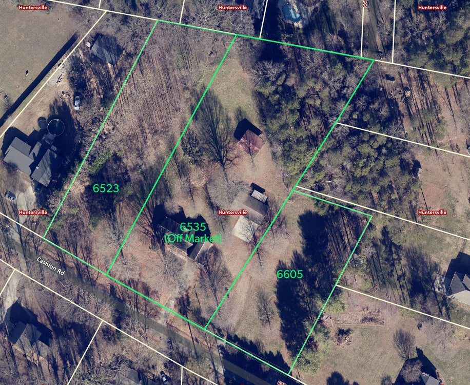 Aerial map of parcels 6523, 6535, and 6605 on Cashion Road in Huntersville with property boundary overlays shown in green.
