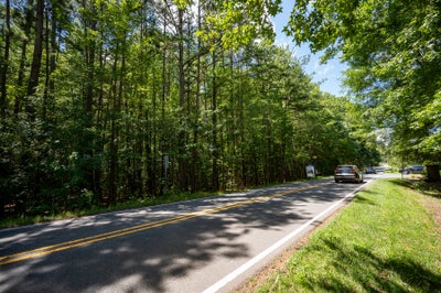 Two-lane road lined with tall trees and green grass, with a car driving in the distance