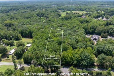 Aerial view of wooded vacant lot at 2800 Forest Lawn Dr with approximate lot lines marked, surrounded by trees and nearby homes.