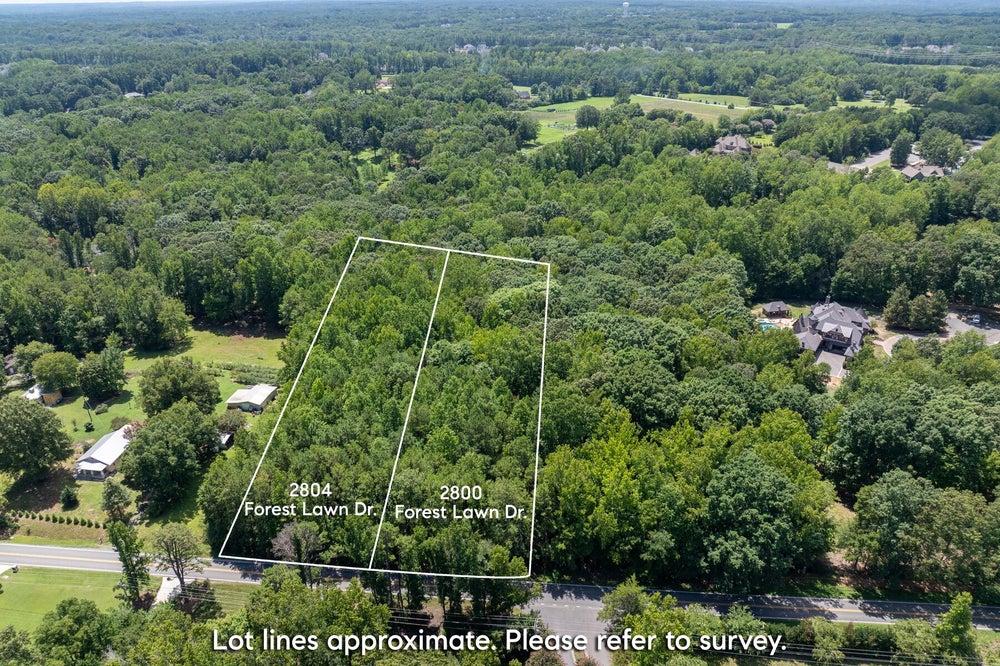Aerial view of two wooded lots at 2800 and 2804 Forest Lawn Dr with marked boundaries and road frontage