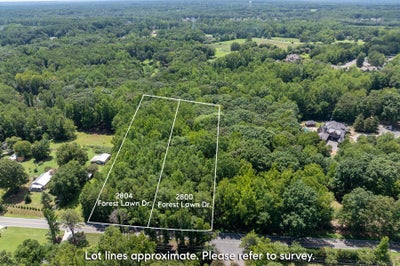 Aerial view of two wooded lots at 2800 and 2804 Forest Lawn Dr with marked boundaries along a road.