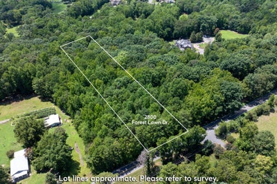 Aerial view of wooded vacant lot at 2800 Forest Lawn Dr with marked boundaries and road access nearby