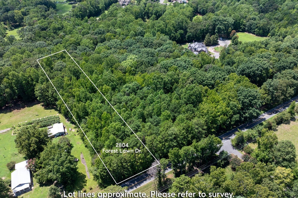 Aerial view of wooded vacant lot at 2804 Forest Lawn Dr with marked boundaries and road access nearby